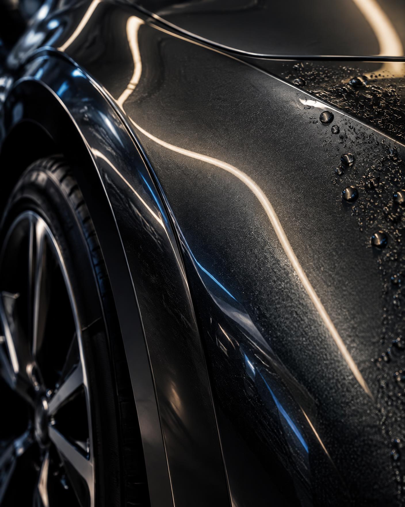 Graphite vehicle paint reflecting inspection lights, illustrative imagery