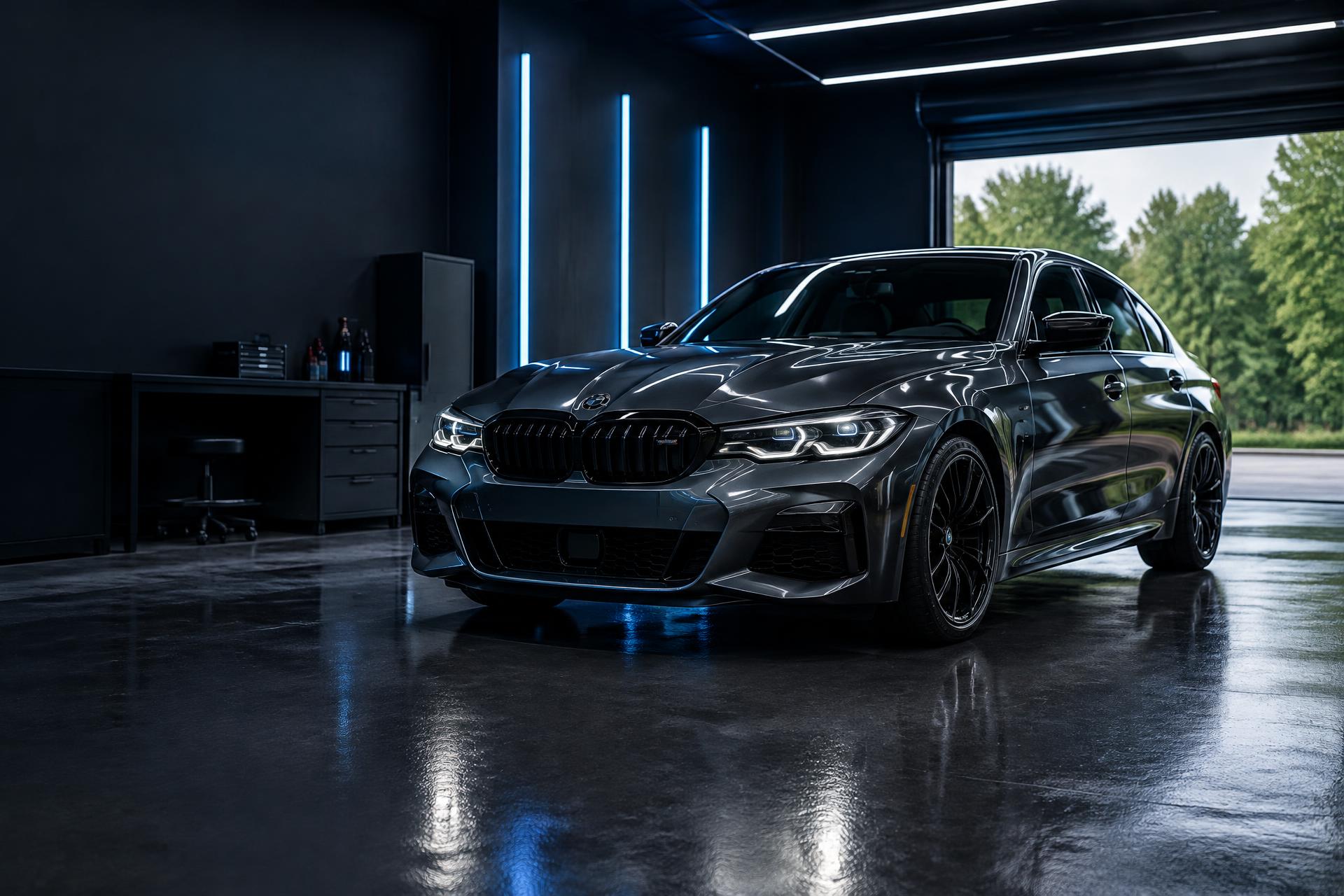 Dark performance sedan in a modern detailing studio, illustrative imagery